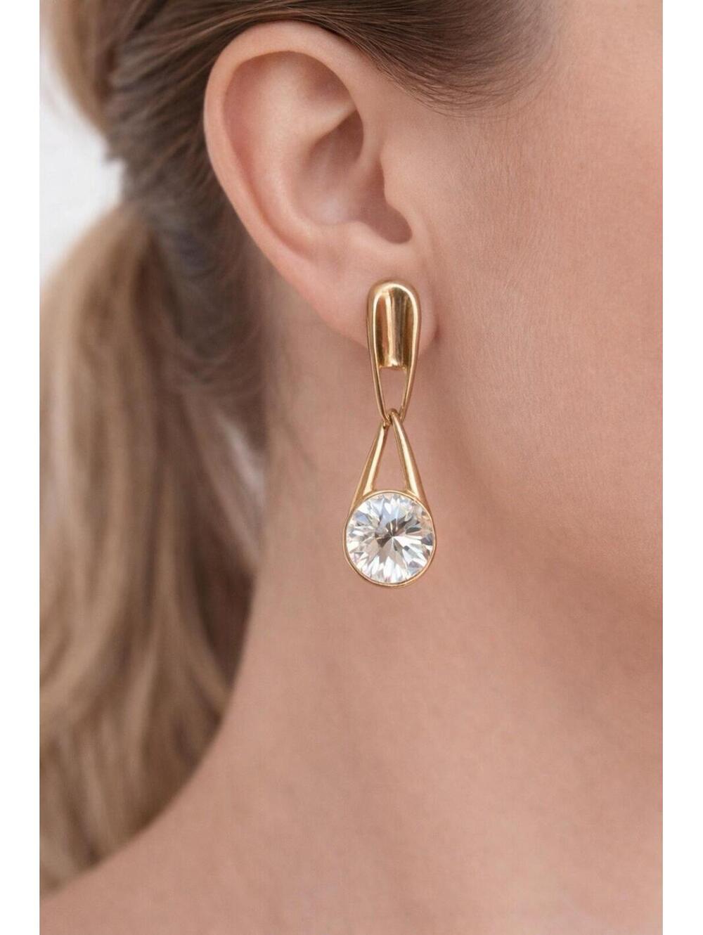 Vintage Clear Crystal Faceted Gold Tone Ladies Large Dangle Drop Earrings 2”